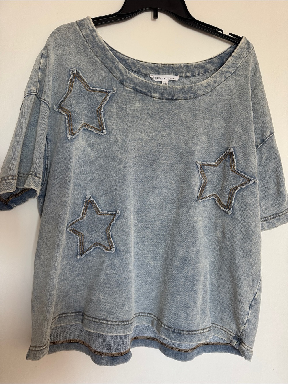 Jane and Delancey Faded Light Blue Star Appliqué Short Sleeve Top